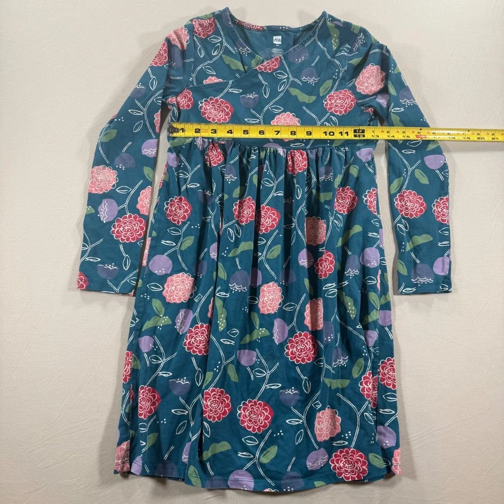 Tea Collection Girls‎ Teal Pink Floral Long Sleeve Empire Waist Dress 10